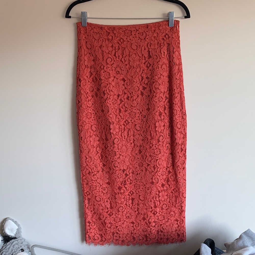 Zara Coral Lace Midi Pencil Skirt